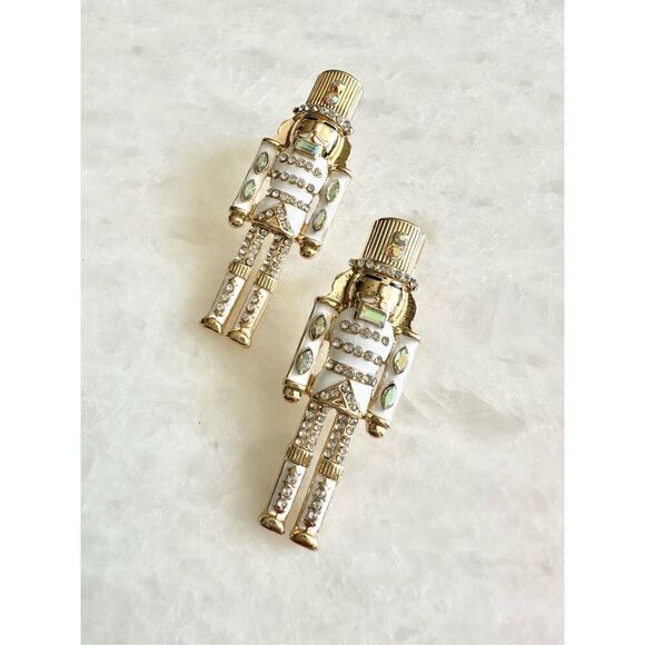 No Brand Jewelry - Gold white and iridescent Christmas nutcracker dangle earrings ￼
